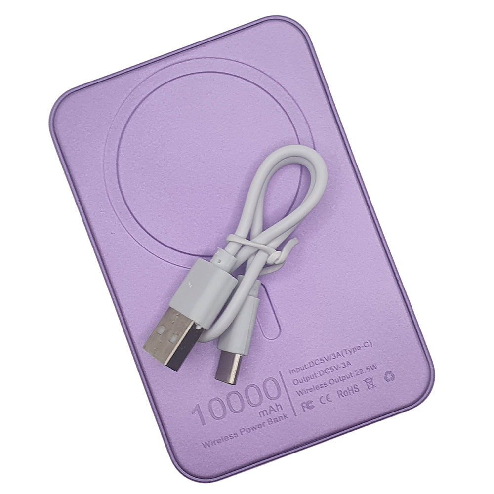 Carregador Portatíl Power Bank Magnetico 10000mAh Com Cabo USB-C, Uma Entrada USB e Uma Entrada USB-C - Roxo