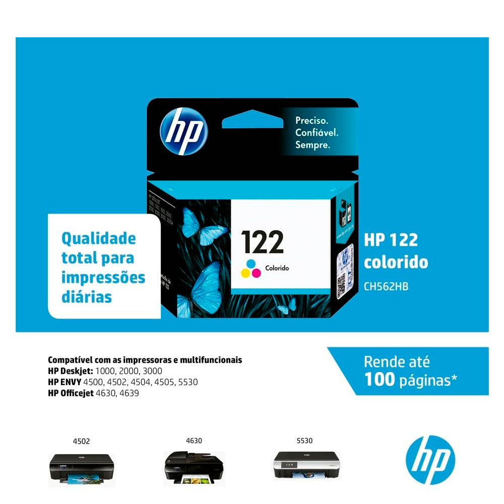 Cartucho de Tinta HP 122 Colorido, Original, CH562HB, Para HP DeskJet 1000-2050-3050-2000 - Rende Até 100 Páginas