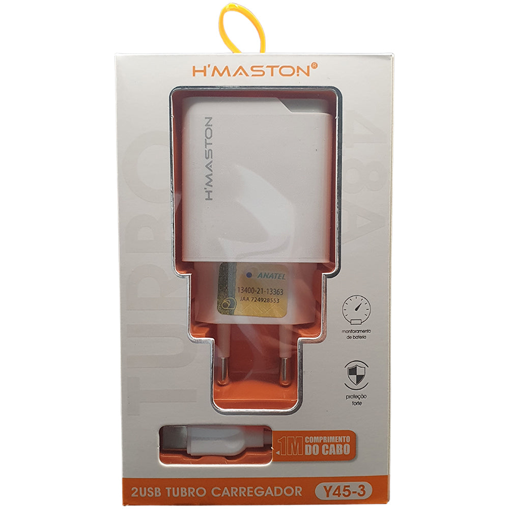 Carregador Tipo-C Turbo H'maston, Tipo-C, 4.8A, Com Duas Entradas, Y45-3 -Branco