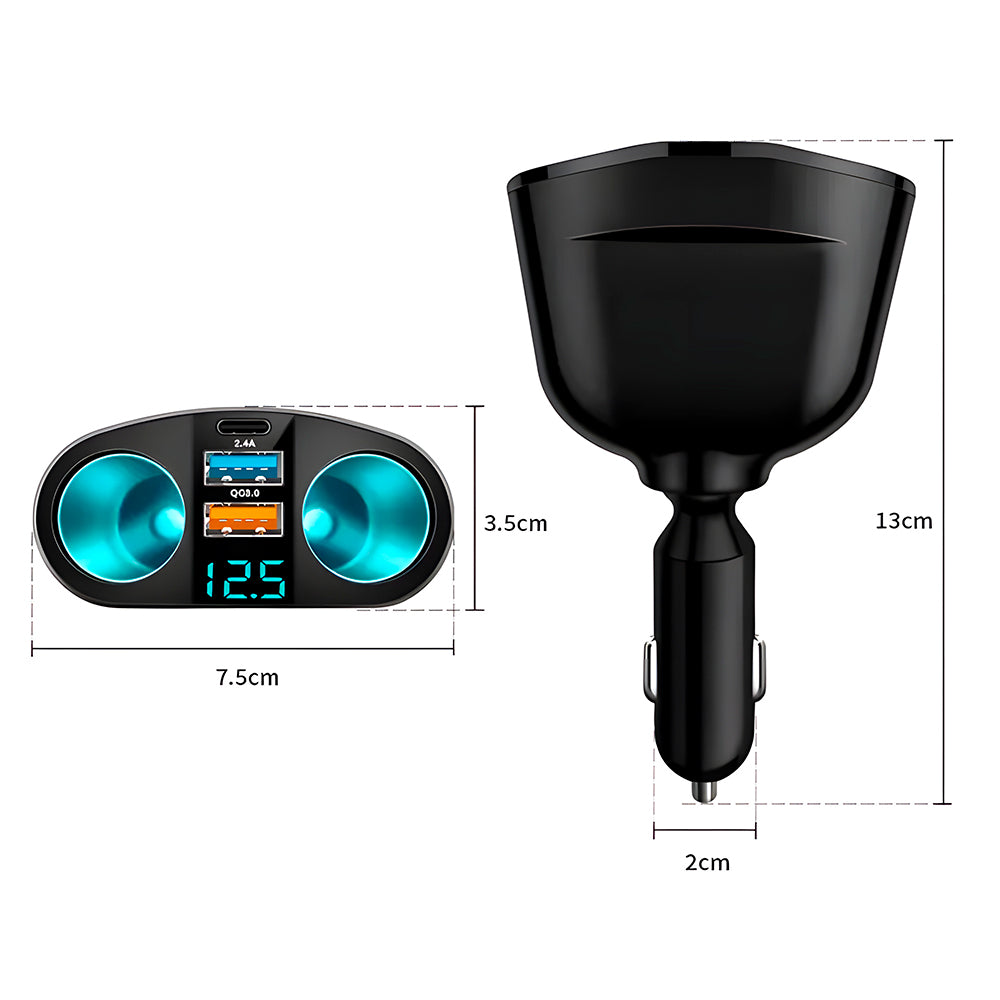Carregador Veicular C/2 Entradas QC 3.0, 1 Entrada USB-C 2.4A, 2 Entradas P/ Carregador Veicular e Display Digital