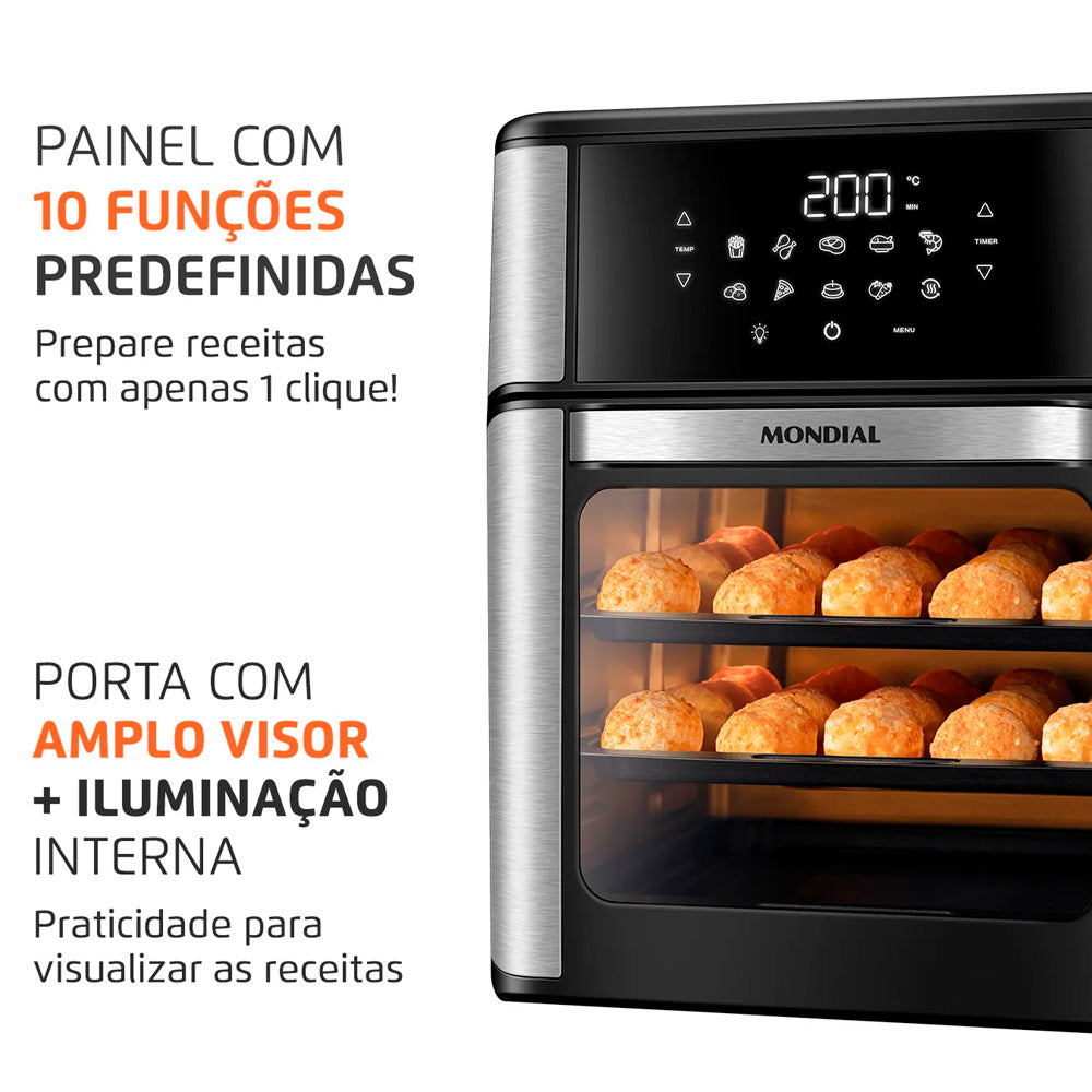 Fritadeira Air Fryer Forno Oven 12 Litros, Mondial, Preto/Inox, 2000W, - AFON-12L-BI, 220V