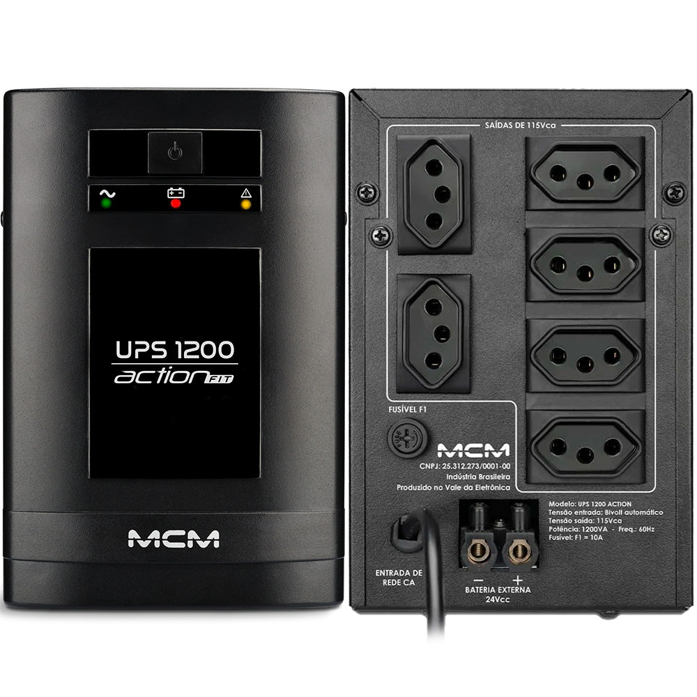 Nobreak MCM 1200VA UPS1200 ACTION FIT 3.1, 6 Tomadas, Trivolt/ 115V - UPS0257 - Com Suporte Para Bateria Estacionária