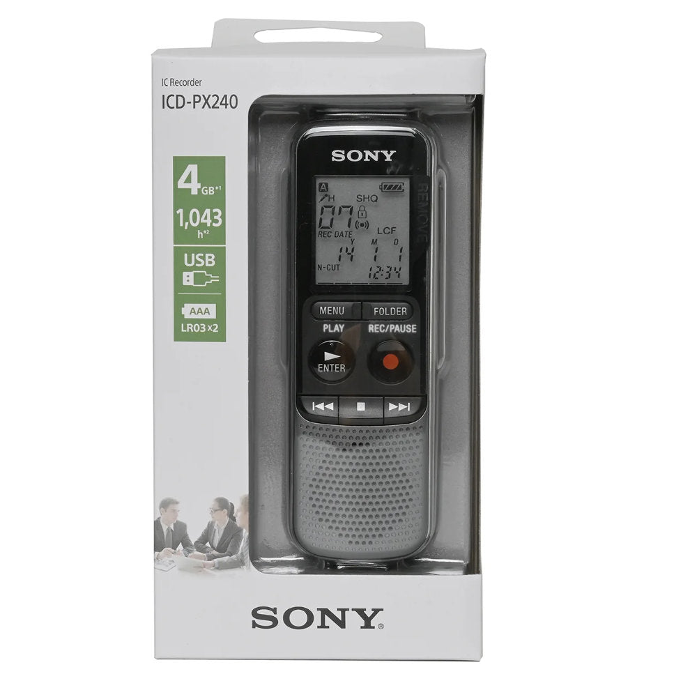 Gravador de Voz Digital Sony ICD-PX240, 4GB com Reprodução de Áudio e Gravação em MP3, Portátil, Preto