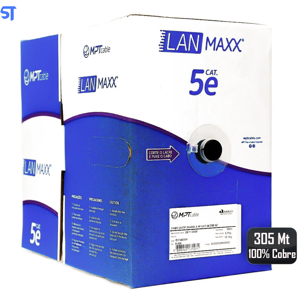 Caixa de Cabo de Rede Cat. 5E 100% Cobre LAN U/UTP 24AWGX4P LAN (305 Metros) Maxx Preto