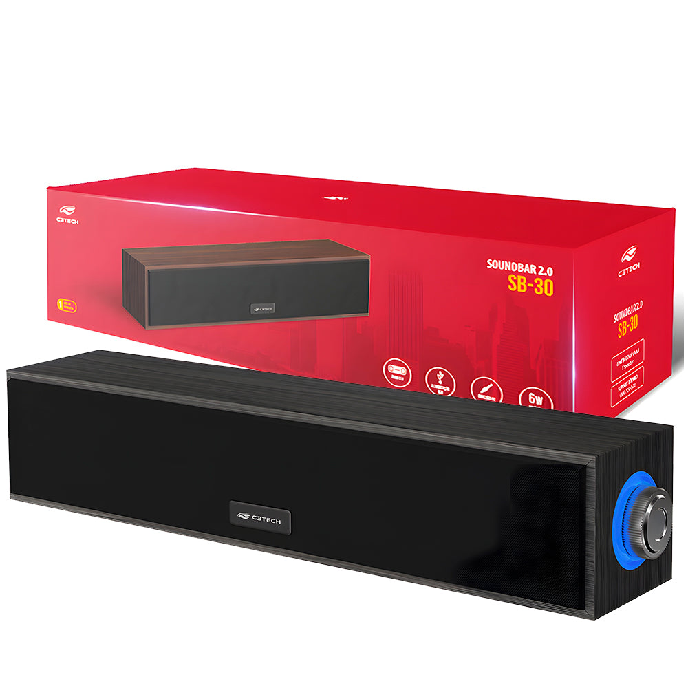 Soundbar 2.0 Conexão P2, Alimentação USB Drive 50mm, 6W, SB-30BK, C3Tech - Preto