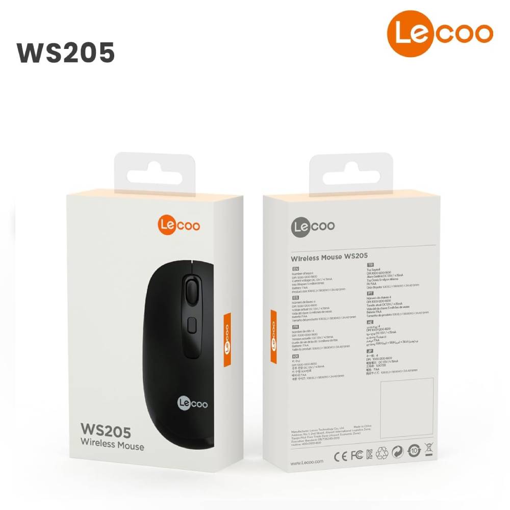 Mouse Sem Fio Lecoo WS205, Sensor Óptico 2.4GHz, 1600 DPI, Receptor USB, Ergonômico - Preto