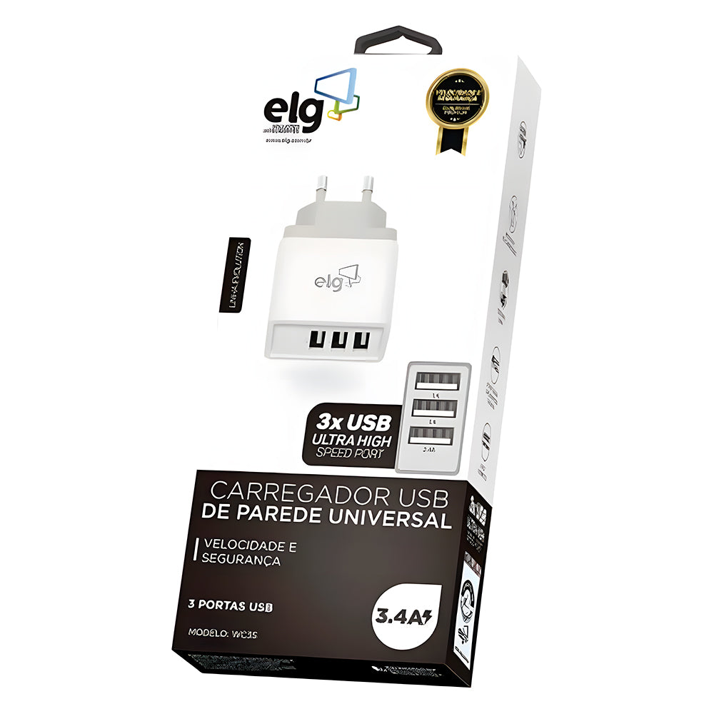 Carregador USB Universal, 3 Entradas USB 3.4A (2 x 1A + 1 x 2.4A), Bivolt, WC3S, Branco, ELG