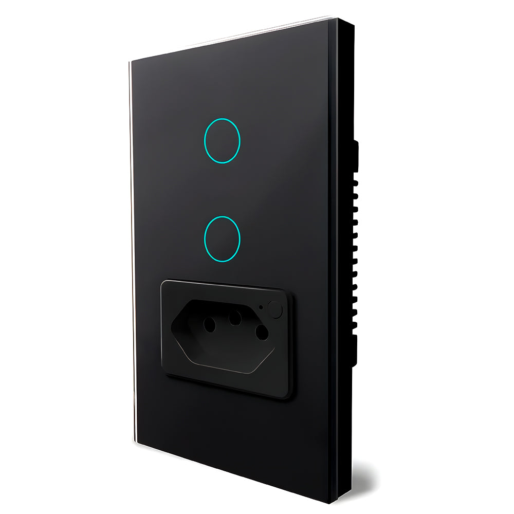 Interruptor Inteligente, Com Tomada, 2 Botões Touch, Wi-Fi, Compatível Com Alexa e Google Home, Avatto, Preto