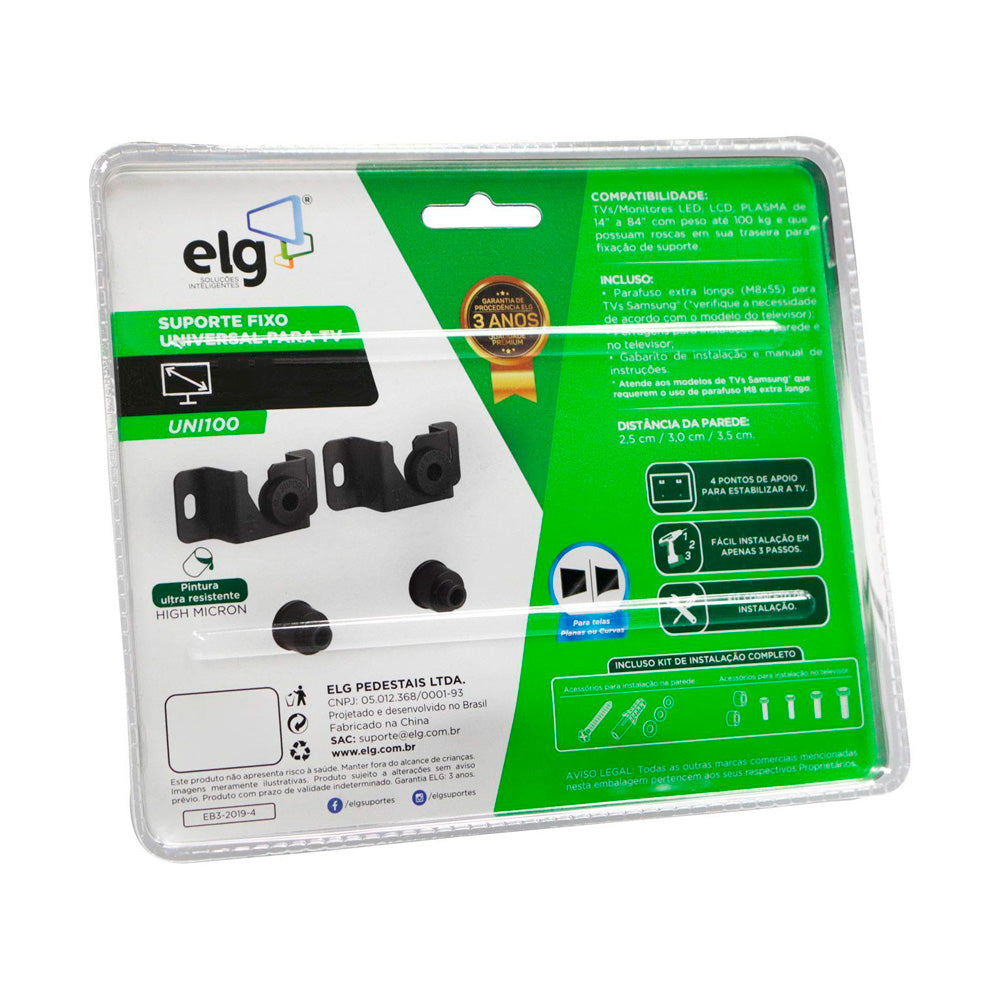 Suporte Fixo Para TV Universal LED, LCD, 3D, Plasma De 14" Até 100" Polegadas, Até 100KG, UNI100 - ELG