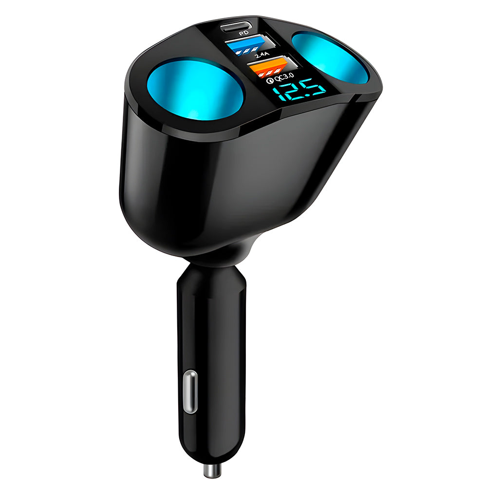 Carregador Veicular C/2 Entradas QC 3.0, 1 Entrada USB-C 2.4A, 2 Entradas P/ Carregador Veicular e Display Digital