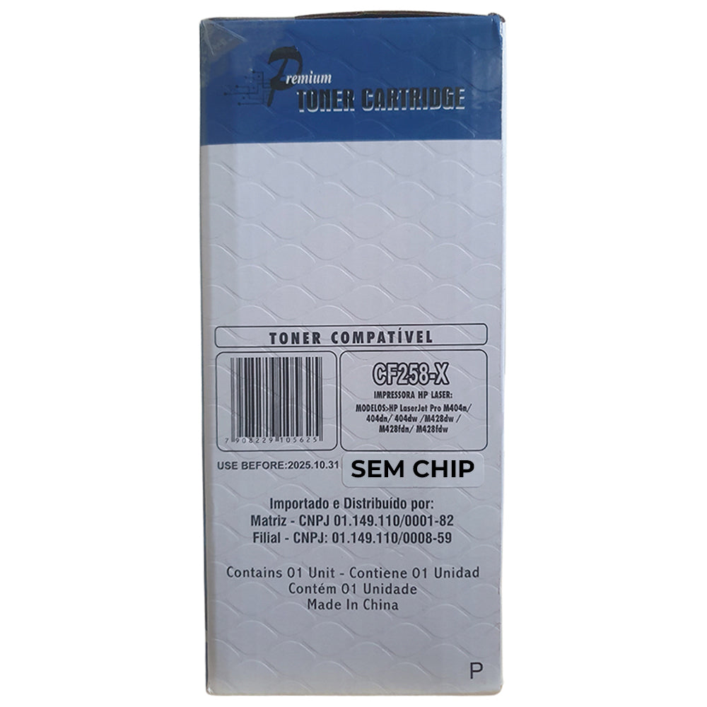 Toner Compatível Com HP CF258X 58X, M428FDW M404DW M428DW M404N, SEM CHIP, Premium 10k