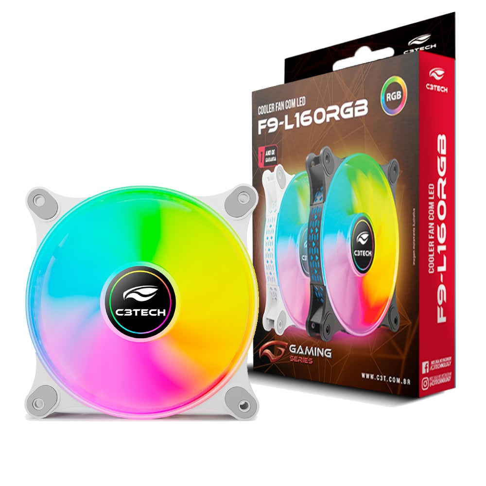 Cooler Fan F9‑L160WH C3Tech RGB 120 mm 9 lâminas, Rolamento Hidráulico, Molex 4‑pinos, 1 200 RPM, 30 dBA - Branco