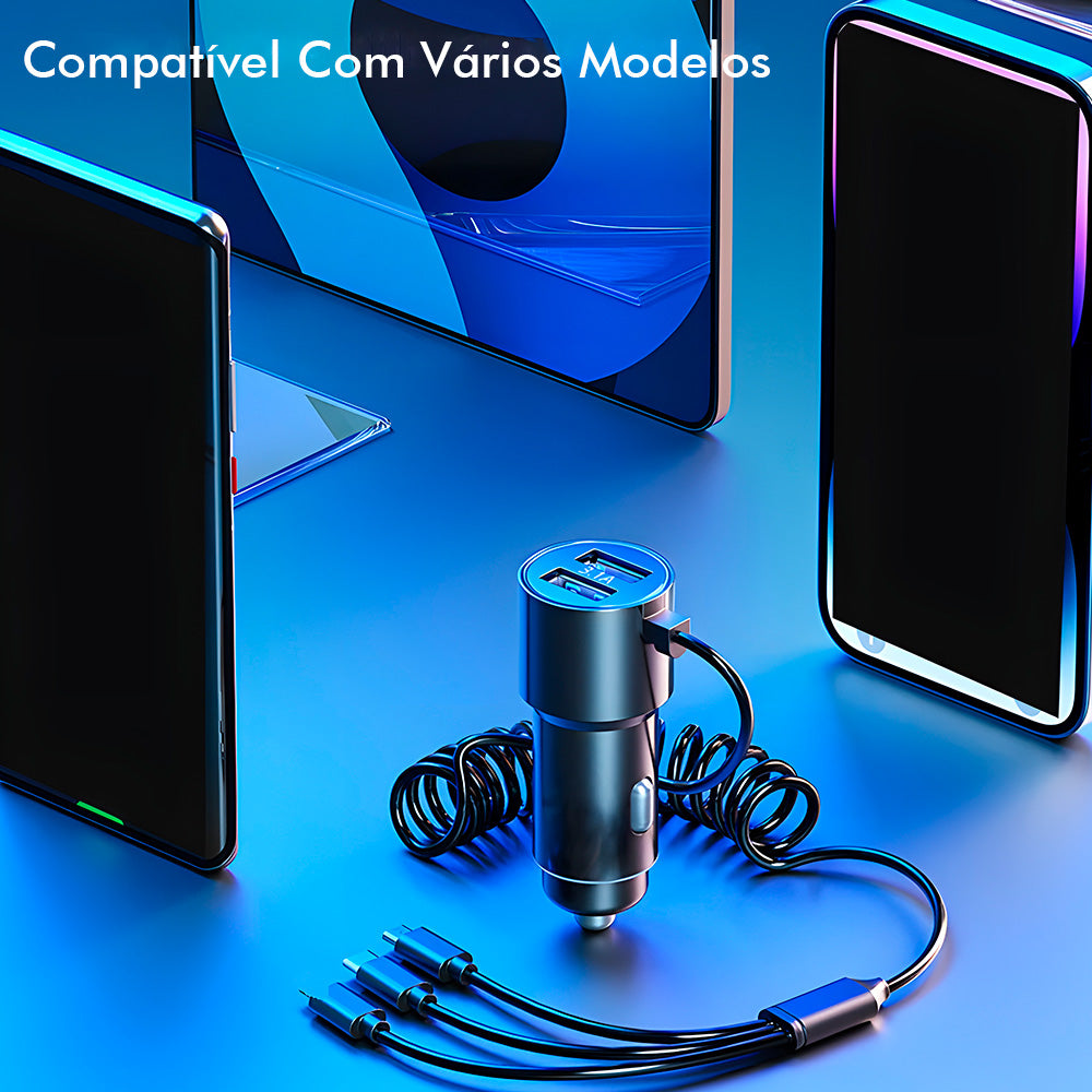Carregador Veicular Com Duas Portas USB 3.1A e Cabo Com 3 Conectores, 66W, Com Display Digital - Preto