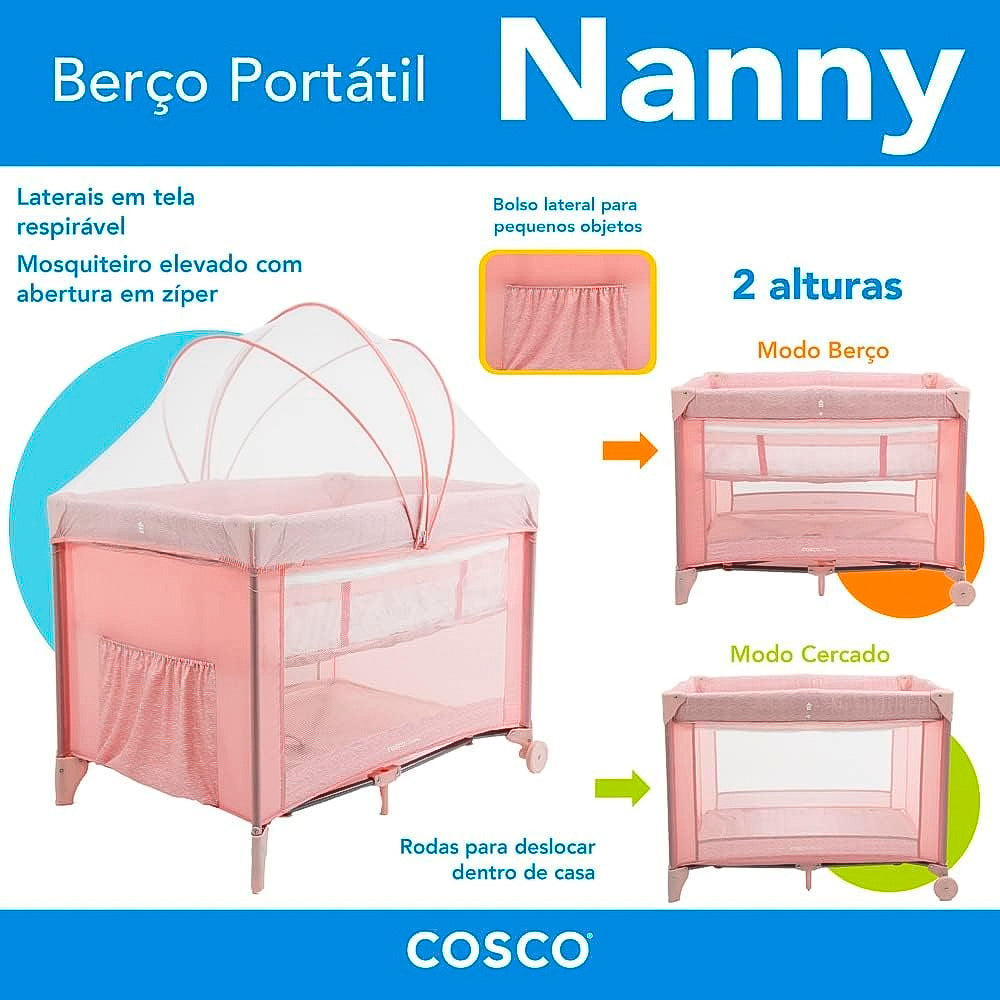 Berço Portátil Cosco Kids, Berço Nanny, de 0 a 18kg, Rosa Rajado