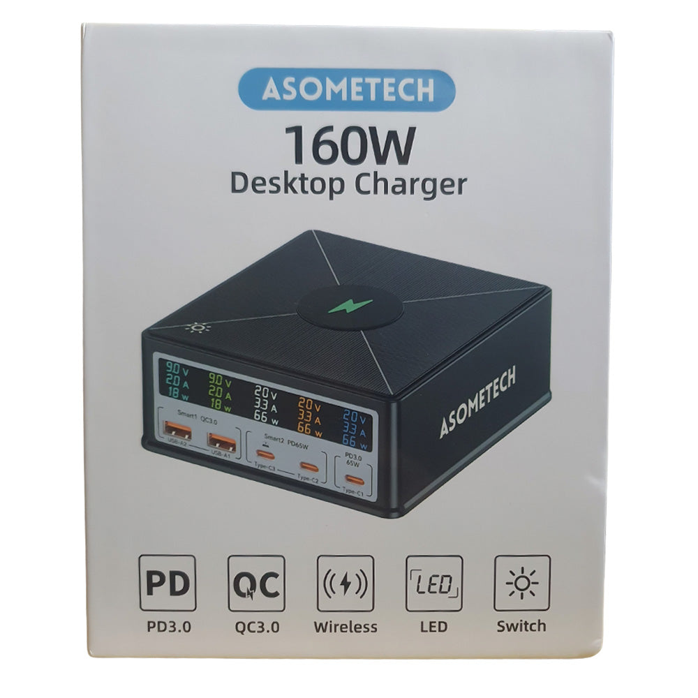 Estação de Carregamento 160W Com 2 Entradas USB e 3 Entradas USB-C - Suporte a Carga Sem Fio - ASOMETCH