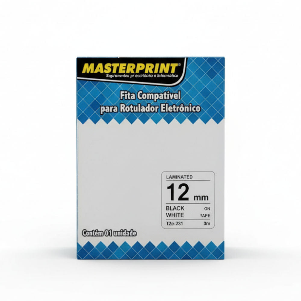 Fita Rotuladora Compatível Brother TZe-231 TZc231, 12mm x 8m, Laminada, Preto/Branco, PTD200 PT1090 PT2730, Masterprint