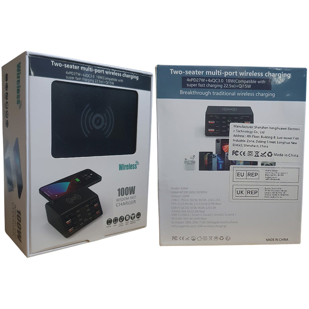 Estação de Carregamento 100W Com 4 Entradas USB e 4 Entradas USB-C - Suporte a Carga Sem Fio - ASOMETCH
