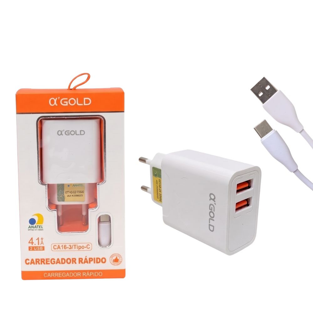 Carregador de Celular Rápido USB-C 4.1A 2 Entradas USB CA16-3 - Branco
