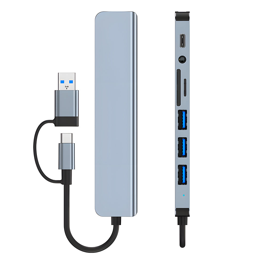 HUB USB 8 em 1, Com Leitor de Cartão, Porta USB-C, USB 3.0 / 2.0, Leitor de Cartão SD/TF, Cinza