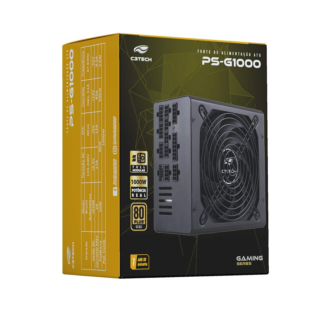 Fonte ATX 1000W C3Tech PS-G1000, 80PLUS Gold, Full Modular, PFC Ativo, Bivolt Automático