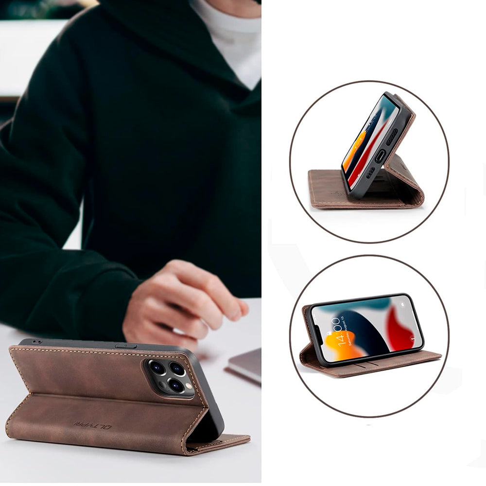 Capa Carteira Flip de Couro Para iPhone 16 Pro MAX, Magnética, Com Porta Cartões, Marrom