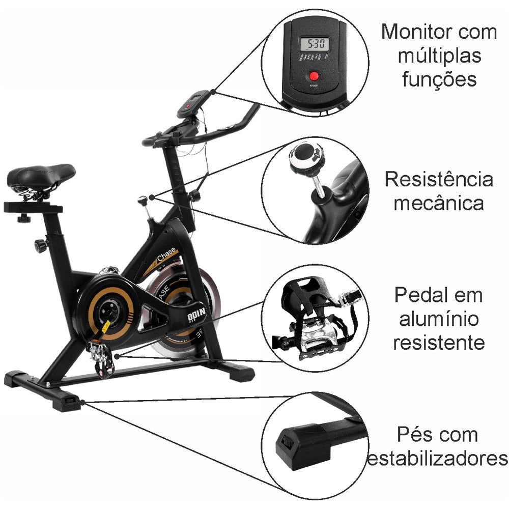 Bicicleta Ergométrica Odin Fit Chase para Spinning, Roda de Inércia 5kg, Mecânica Silenciosa - Preta