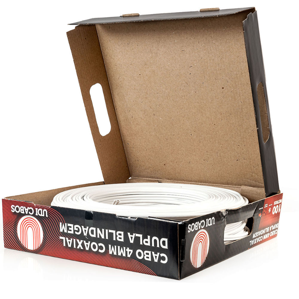 Caixa com 100 Metros de Cabo Coaxial Bipolar 4mm com Dupla Blindagem, UDI Cabos, Para uso Exterior, Anti-Chama - Branco