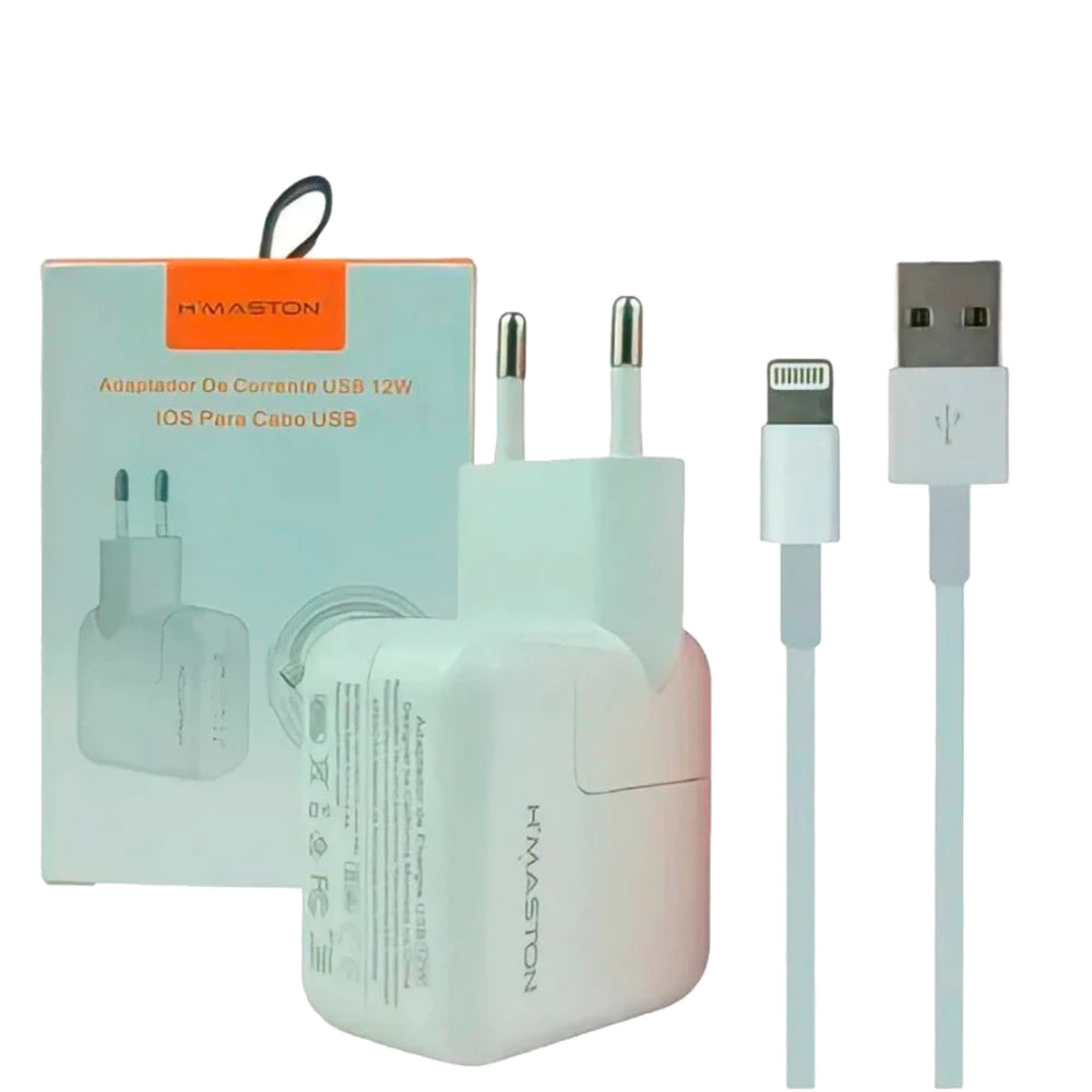 Fonte Carregador 12W, Saída USB, Com Cabo USB Para Lightning, H'Maston, CB02, Branco