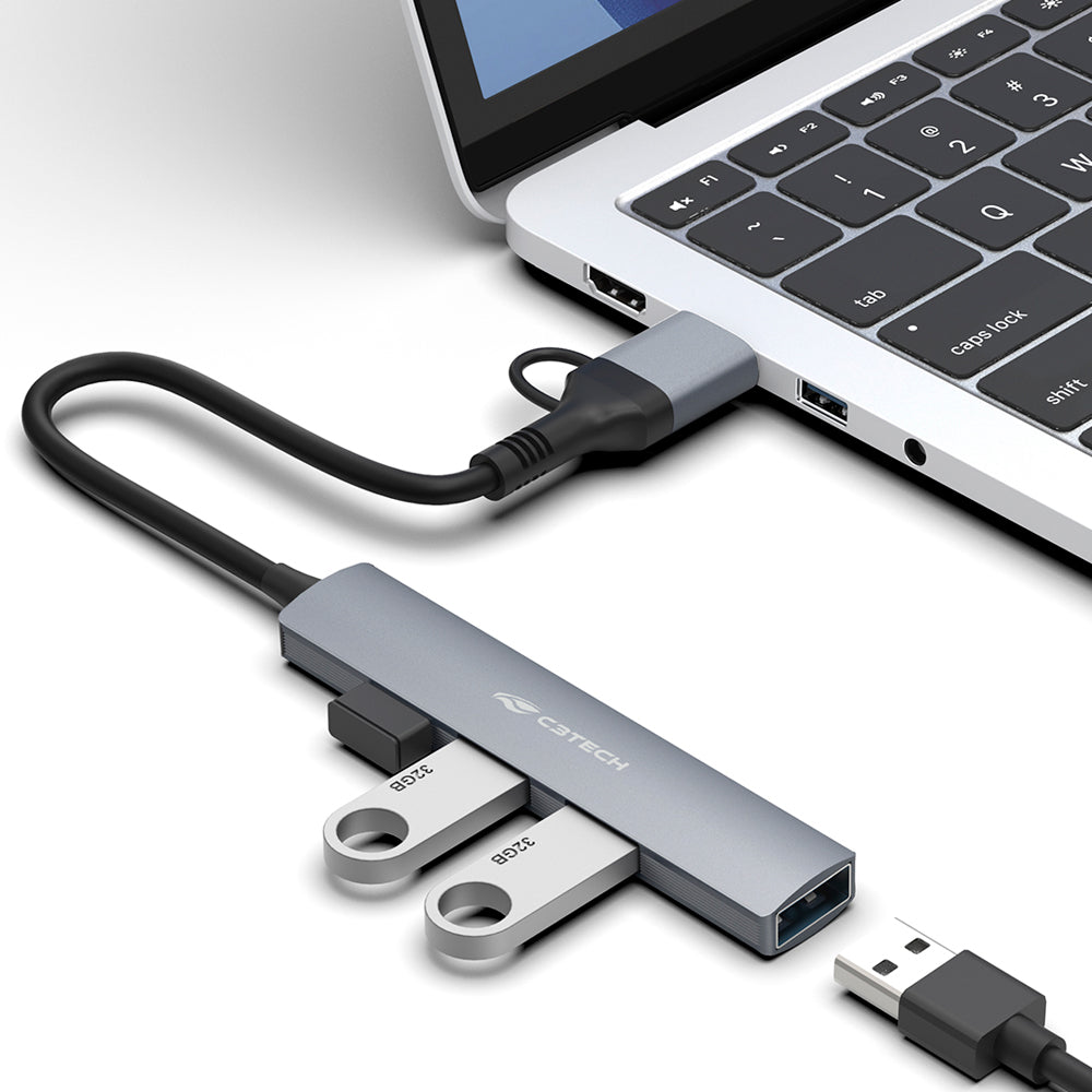 HUB USB 3.0, Com 4 Portas USB, HU-C500GY, C3Tech, Cabo 15cm, Cinza