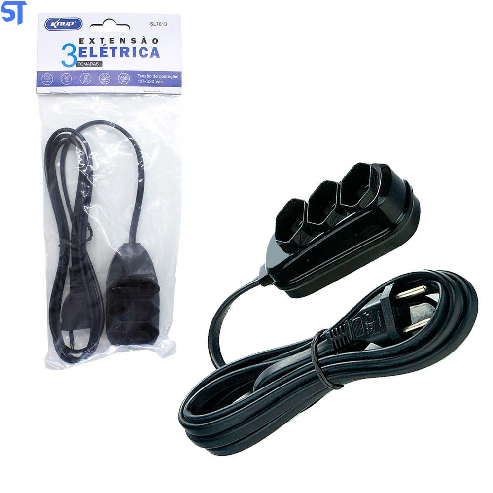 Extensão Elétrica 3 Tomadas 1.5 Metros Knup SL7013 - Preto