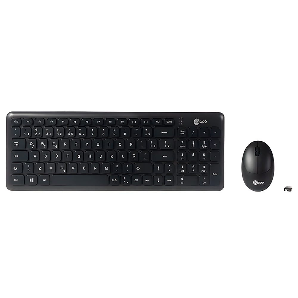 Kit Teclado E Mouse Sem Fio KW204 Lecoo, ABNT2, Bluetooth 2.4 GHz, Mouse 1.200 DPI, Ergonomico, Nano USB Até 10m - Preto