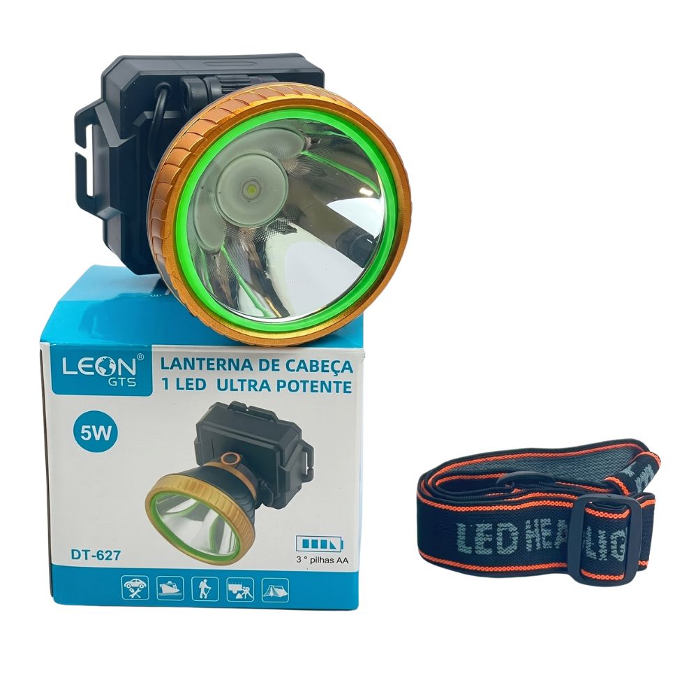 Lanterna de Cabeça LED 5W Leon LEON-627 GTS 3 Modos com Alimentação 3 Pilhas AA