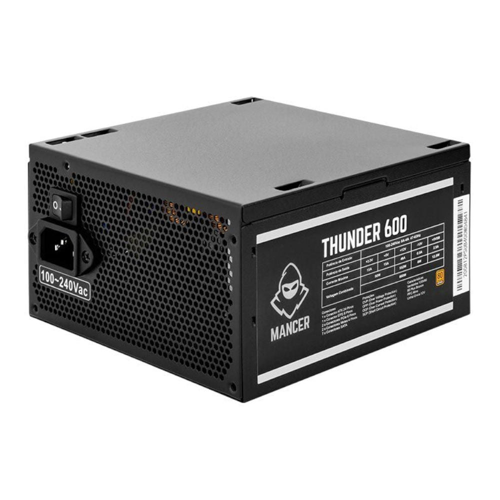 Fonte ATX Gamer Mancer Thunder 600W 80 Plus Bronze – PFC Ativo, 24P / 2×EPS / 2×PCIe / 120mm, MCR-THR600-BL01