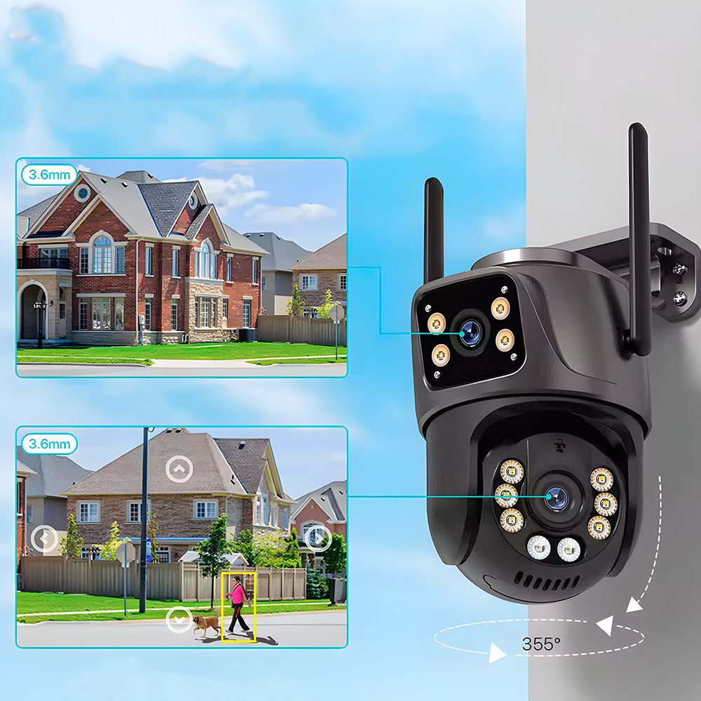 Câmera de Segurança Dupla, Giratória, IP, Wi-Fi, Full HD, 4MP, PTZ, Visão Noturna, iCSee, Compatível Alexa, IP66, Preta