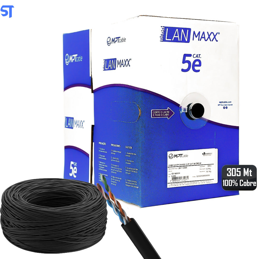 Caixa de Cabo de Rede Cat. 5E 100% Cobre LAN U/UTP 24AWGX4P LAN (305 Metros) Maxx Preto