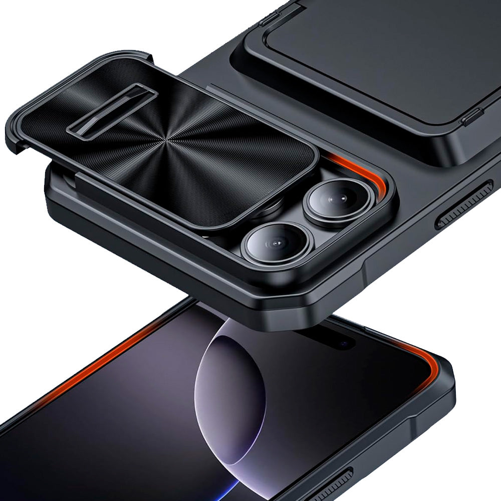 Capa Resistente Para iPhone 16 Pro Max, Com Porta Cartões, Slider Proteção Câmera, Preto