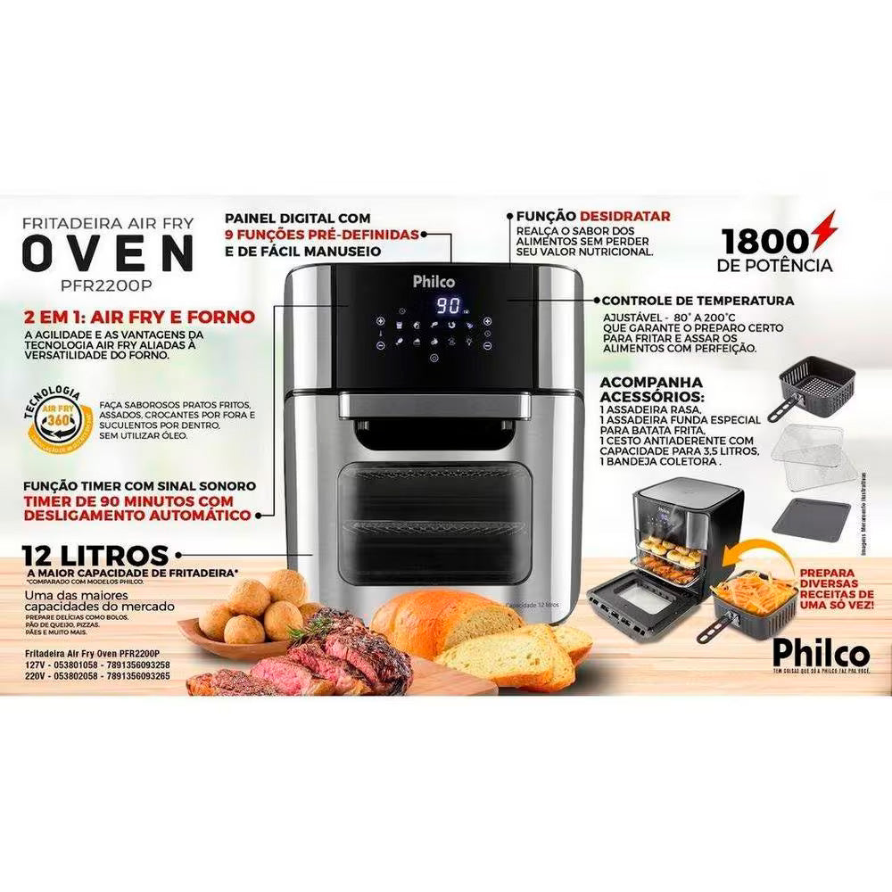Air Fryer Oven 4 em 1 Philco 12 Litros 1800W PFR2200P 220V Preto/Prata