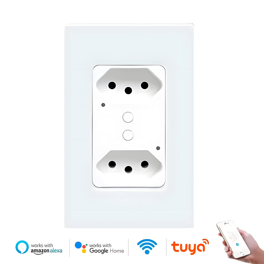 Tomada Dupla Inteligente, 13A, Painel de Vidro Temperado, Compatível Com Alexa e Google Home, Tuya, Branco