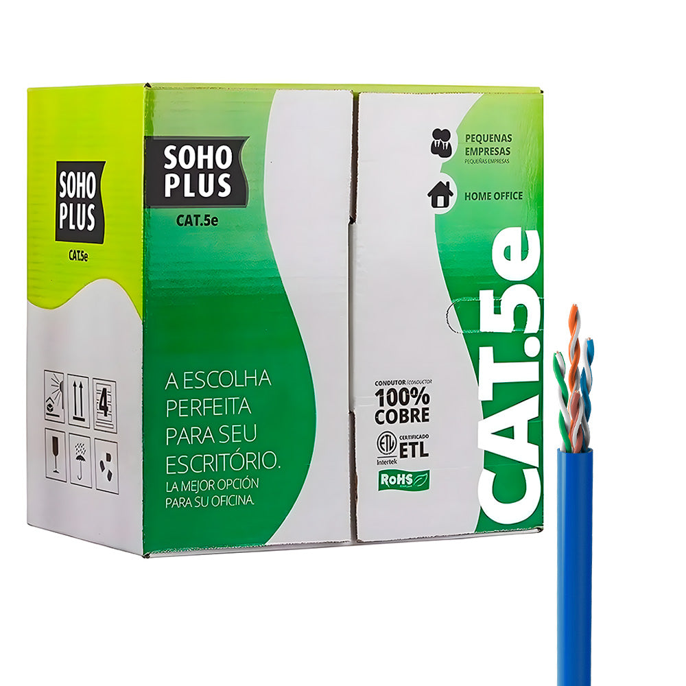 Caixa de Cabo de Rede Soho Plus CAT.5e - 24AWGX4P ROHS AZ 100% Cobre 305 Metros - Azul