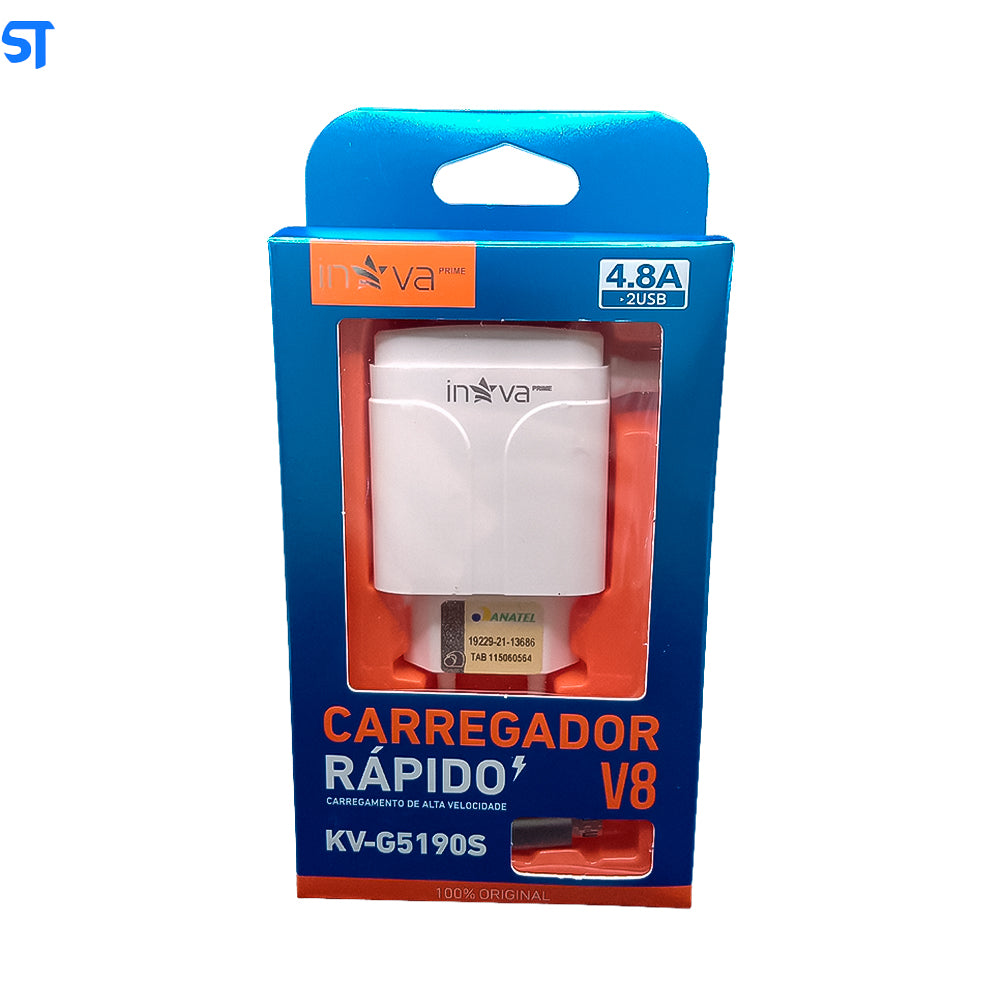Carregador Rápido V8 Com Duas Portas USB 4.8A de Alta Potência Inova Branco - KV-G5190S