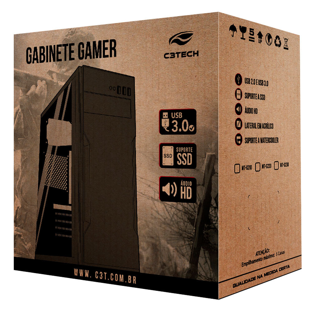 Gabinete Gamer, Com Tampa Lateral em Acrilico, MT-G230BK, C3Tech, S/Fonte, Preto