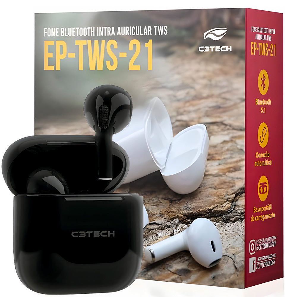 Fone de Ouvido Sem Fio, Bluetooth, C3Tech, EP-TWS-21BK, Preto