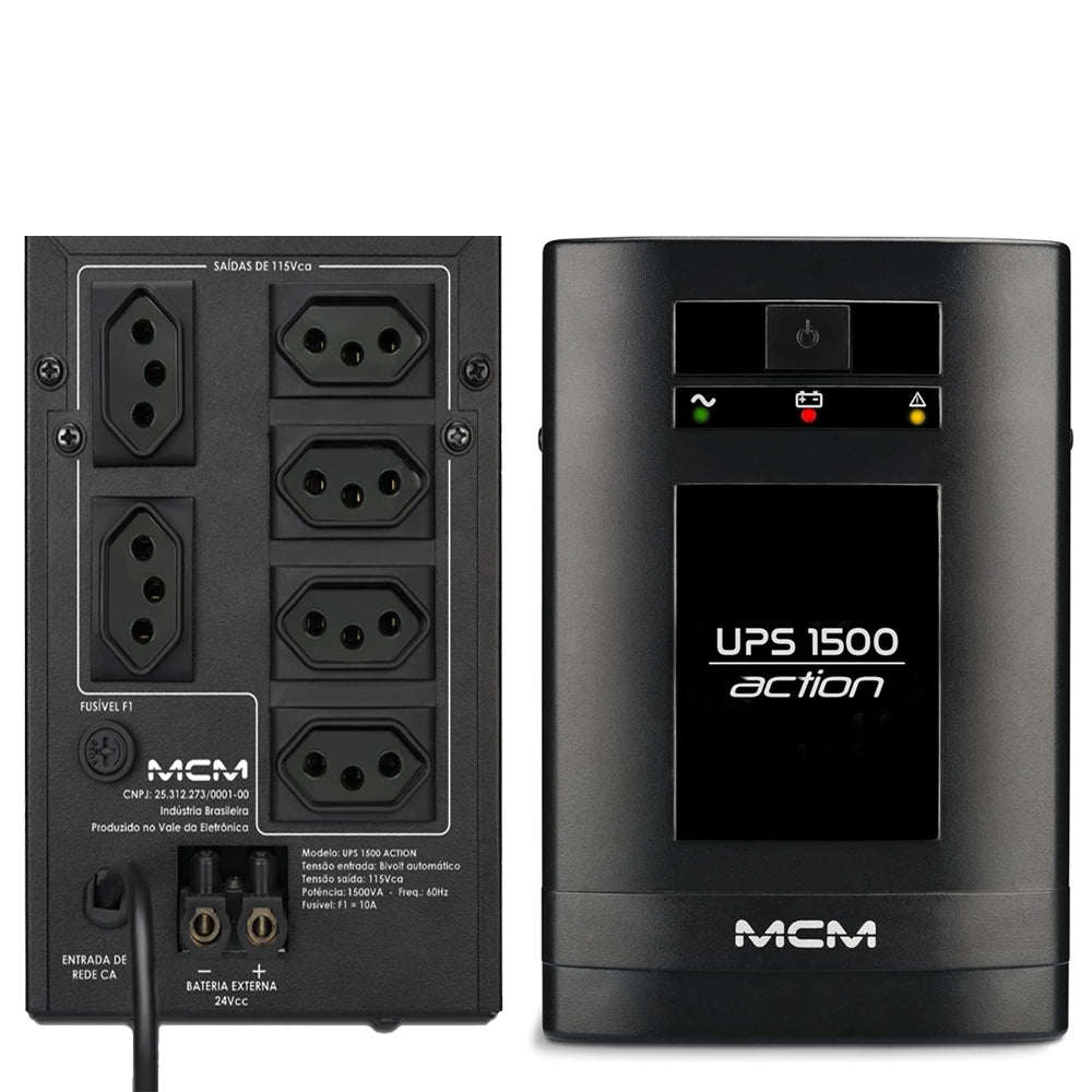 Nobreak MCM 1500VA UPS1500 ACTION FIT 3.1, 6 Tomadas, Trivolt/ 115V - UPS0261- Com Suporte Para Bateria Estacionária