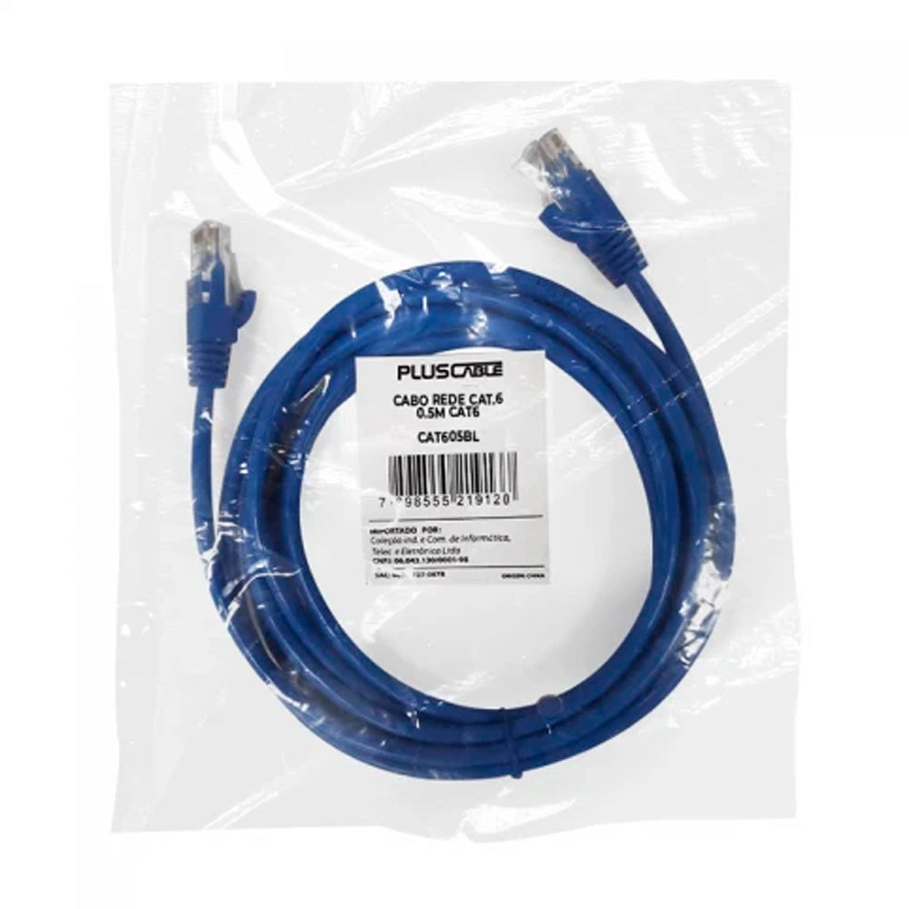 Cabo de Rede CAT6, Patch Cord 0.5 Metros, CAT605BL, PlusCable - Azul