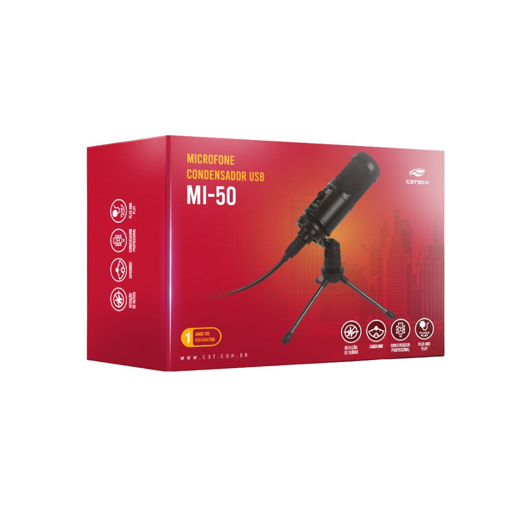 Microfone Streaming USB MI-50BK C3Tech, Condensador Cardioide para Streaming, Podcast e PC, com Tripé