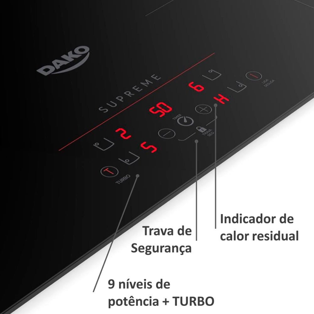 Fogão Cooktop de Indução 4 Bocas Preto com Trava de Segurança Dako Supreme 220V