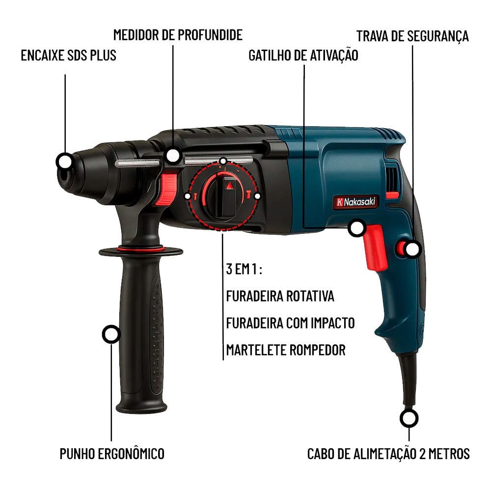 Furadeira Rotatoria 220v com 12 Peças NAKASAKI Capacidade de Perfuração: Aço, Madeira e Concreto - NK2603