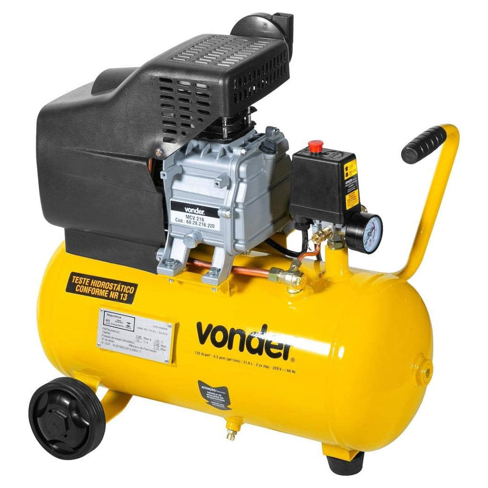 Motocompressor de Ar Vonder 220V, 60Hz, 21.6L Com Alças, Rodas, Interruptor Liga/Desliga e Manômetro