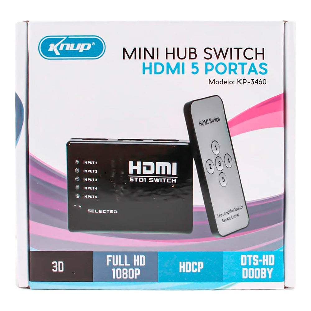 HUB Switch Chaveador HDMI 5 Entradas x 1 Saída, Splitter FHD com Controle Remoto, Knup KP-3460