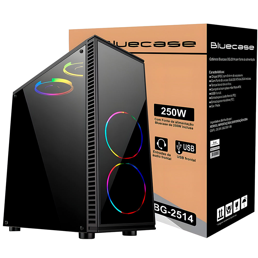 Gabinete Gamer BG-2514 - Com Fonte 250W USB 3.0 Com Lateral Em Acrílico, Bluecase- Preto